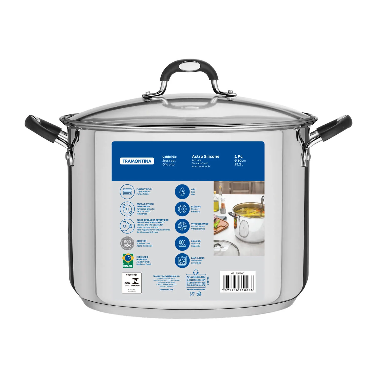 Tramontina Astro Silicone Stainless Steel Tri-Ply Stock Pot with Glass Lid - 30cm - Image 2