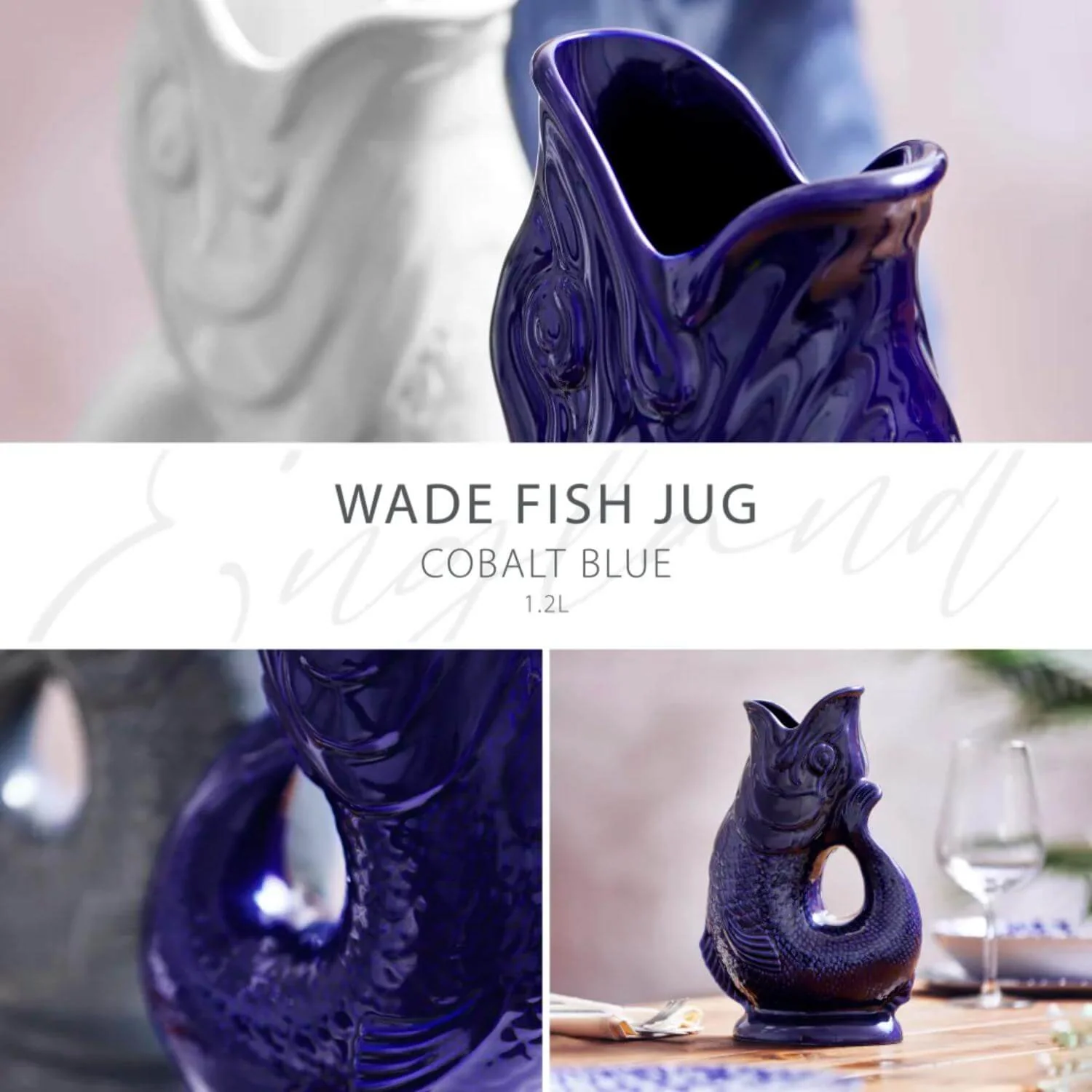 Wade Fish Earthenware 1.2 Litre Gluggle Jug - Cobalt - Image 3