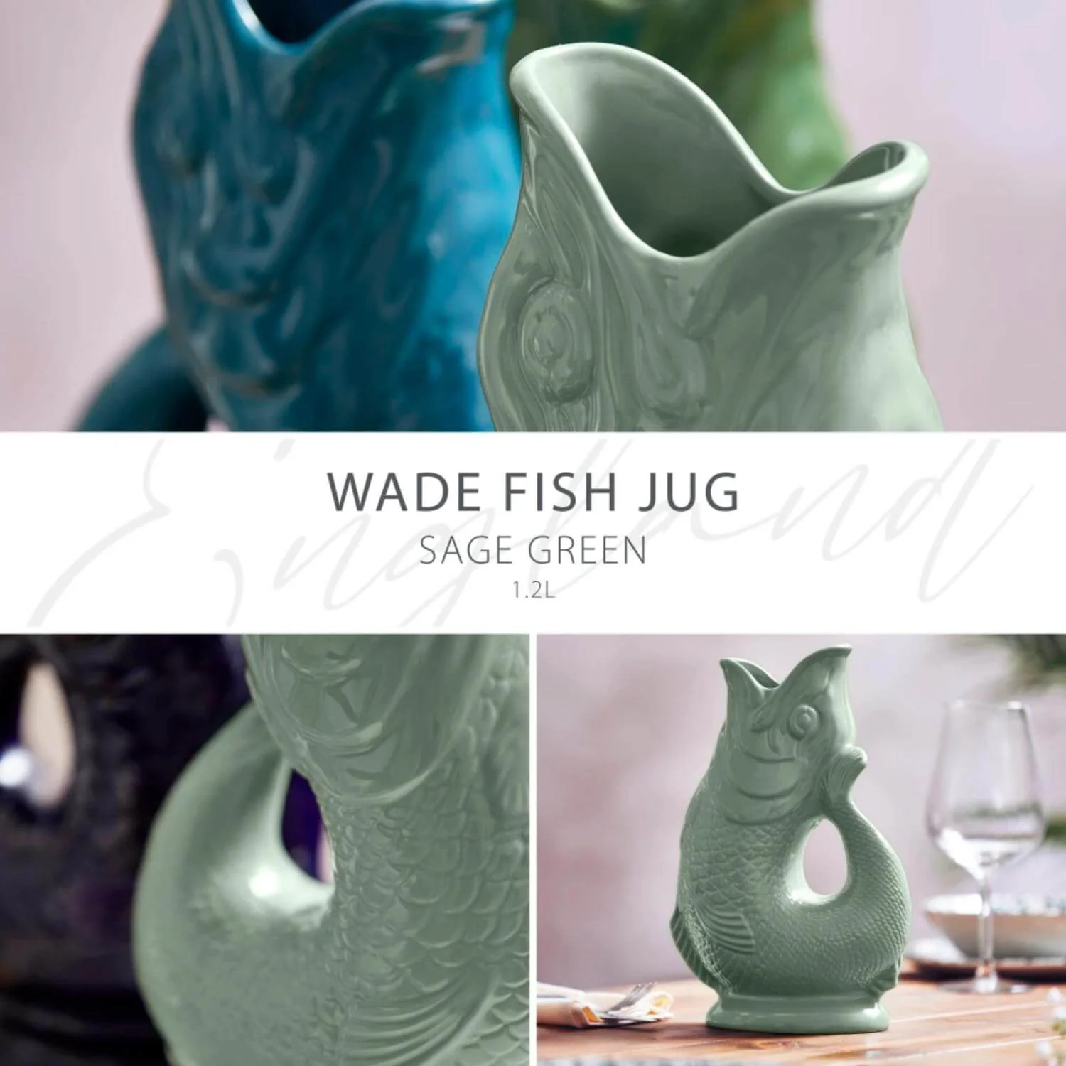 Wade Fish Earthenware 1.2 Litre Gluggle Jug - Sage - Image 3