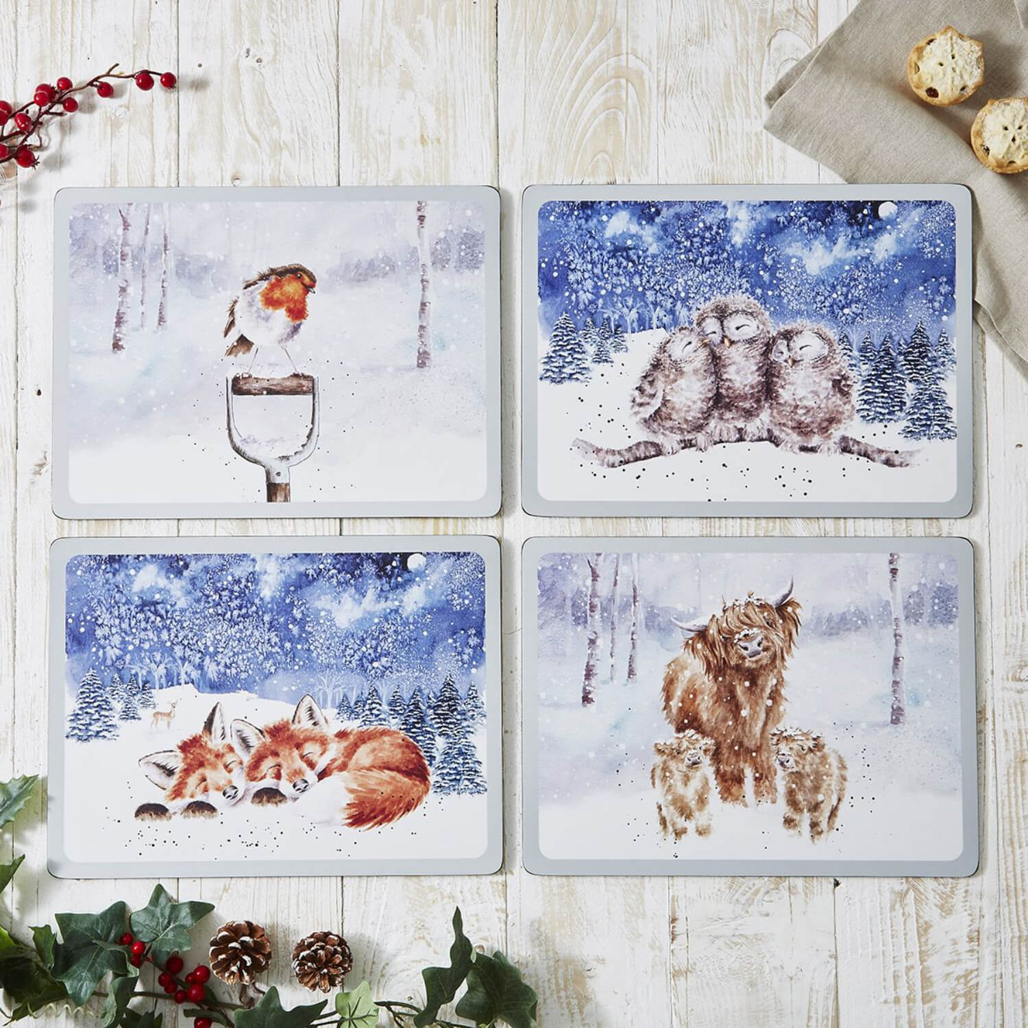 Wrendale Designs by Hannah Dale Pack of 4 Christmas Placemats - Winter Skies - Image 2